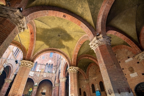 Interior view of the ceiling and the courtyard at Palazzo Pubblico, Siena, Tuscany, Italy