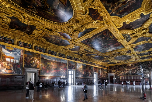 Interior of Palazzo Ducale or Doge's Palace, Higher Council Hall, Venice, Veneto, Italy. Old luxury Palazzo Ducale is a landmark of Venice