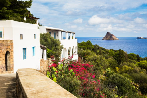 Several houses and beautiful view from the island of Panarea, Aeolian Islands, near Sicily, Italy