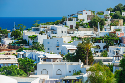 Typical view on Panarea island with white houses, Aeolian islands, near Sicily, Italy