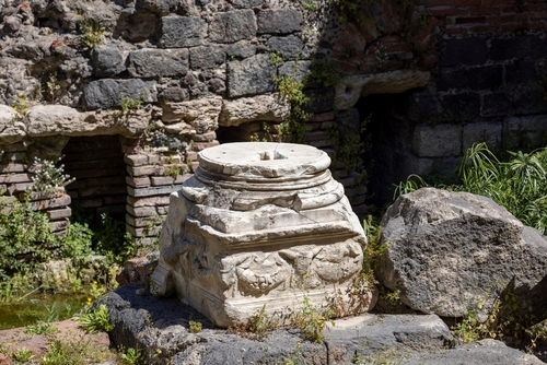 Ruins of open-air Roman Theatre, part of the Parco archeologico Greco-Romano di Catania, Sicily, Italy
