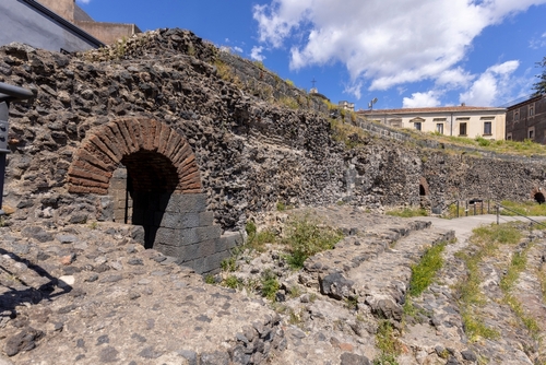 Ruins of open-air Roman Theatre, part of the Parco archeologico Greco-Romano di Catania, Sicily, Italy