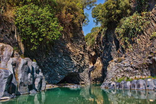 Gorgeous view of Alcantara Gorge and Alcantara River Park near Taormina, Sicily, Italy