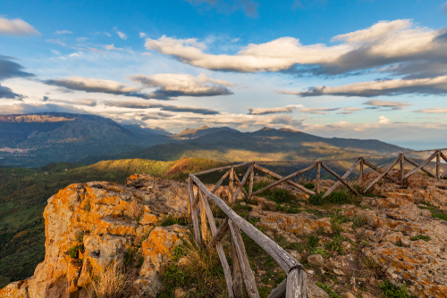 View of the Madonie mountain range and Madonie Regional Natural Park, part of the UNESCO Global Geoparks Network in Cefalu near Palermo, Sicily, Italy