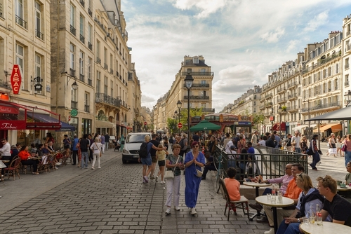 City life in Saint Paul, Le Marais, vibrant cultural and popular area of Paris, France