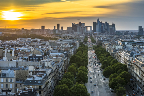 La Defense at sunset as seen from the Arc de Triomphe, Paris, France