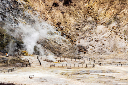 Fumes coming out of the ground at the Phlegraean Fields volcanic area near Naples, Campania, Italy