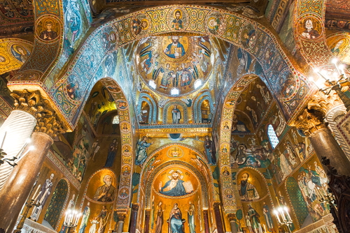 Interior view of Martorana Church and its Golden mosaic on Bellini Square in Palermo, Sicily, Italy