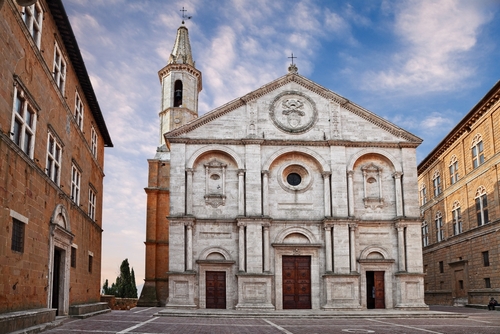Exterior view of the renaissance cathedral in the main square of the ancient town of Pienza in Val d'Orcia, Tuscany, Italy