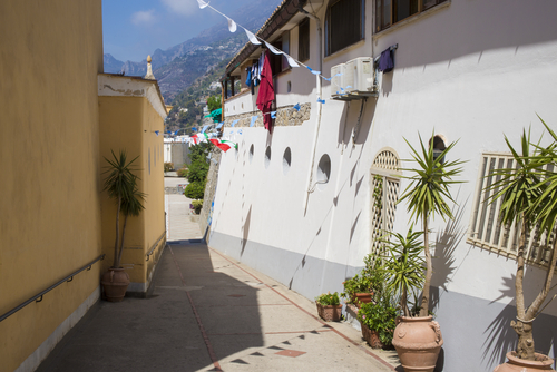 Praiano lanes leading to the sea, the small village is a hamlet of Positano and is located on the Amalfi Coast, Campania, Italy