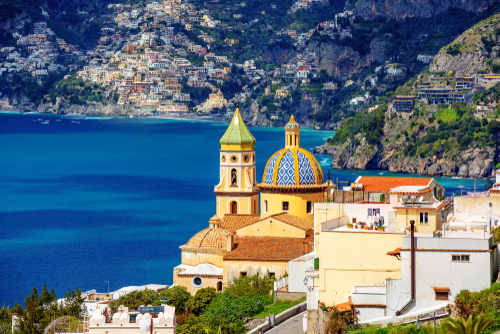 View of Praiano town on Amalfi coast, Mediterranean sea, Campania, Italy, view of the domes of San Gennaro church