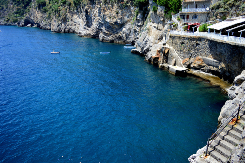 View of the beautiful blue sea in Praiano, Amalfi Coast, Mediterranean sea, Campania, Italy