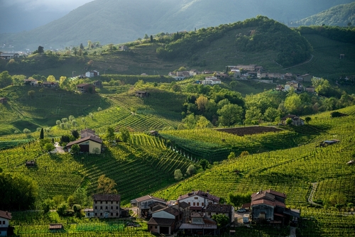 Emotional landscape with hills and vineyards in the Prosecco wine region in Veneto, Italy, Unesco world heritage site, Valdobbiadene is a small town with churchestowers and rural houses