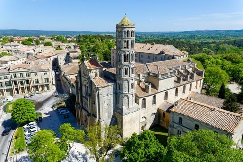 St. Théodorit Uzes Cathedral aerial view. Uzès is City of Art and History, Provence, France