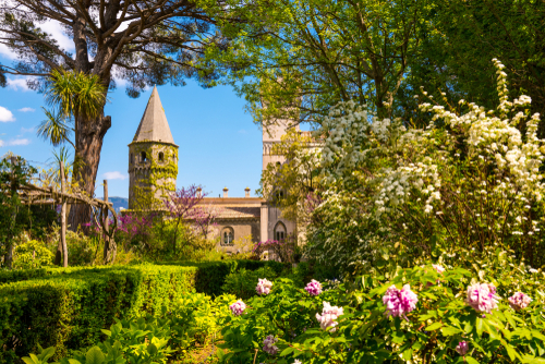 Beautiful colorful view of the gardens at Villa Cimbrone in Ravelo, Amalfi Coast, Campania, Italy