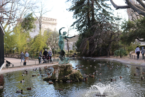 Avignon, Provence, France, Basin and statue in the garden of the Rocher des Doms, city of Avignon, department of Vaucluse, Provence, France