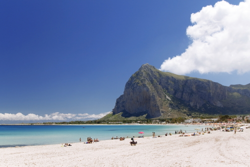 San Vito lo Capo beach and Monte Monaco in background, north-western Sicily, Italy