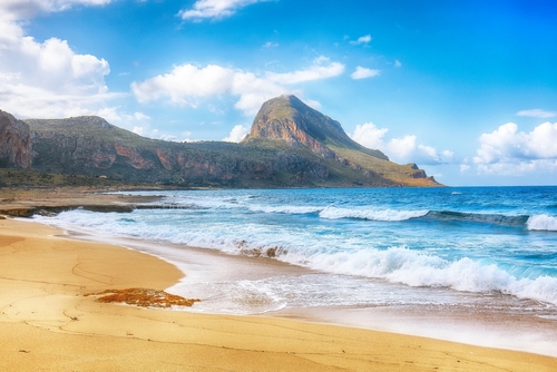 Outstanding seascape of Isolidda Beach near San Vito cape. Popular travel destination of Monte Cofano National Park. San Vito Lo Capo, Province of Trapani, Sicily, Italy