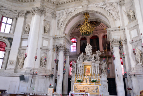Interior view of the Saint Mary of Health church altar and architecture in Venice, Veneto, Italy