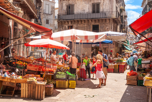 Fruit and vegetable stalls in Ballaro Market in Palermo, Sicily, Italy