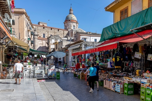 View of the church of San Matteo located in the heart of Palermo. The traditional medieval Italian city centre, with its typical small residential street, Sicily, Italy