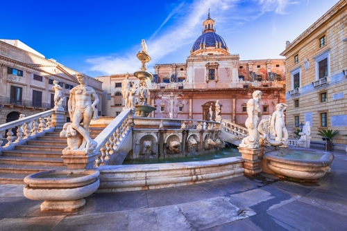 Pretoria Fountain in Piazza Pretoria and Chiesa di Santa Caterina d'Alessandria, Palermo, Sicily, Italy
