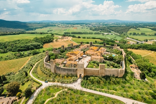 Beautiful aerial view of Monteriggioni, Tuscany medieval town on a hill. Monteriggioni, Tuscany, Italy