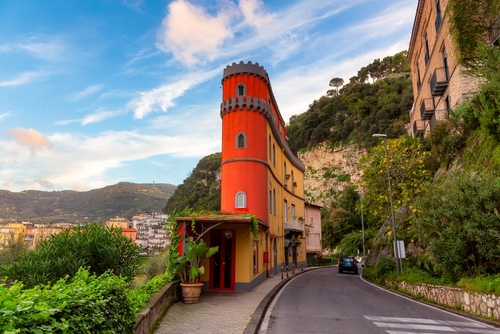 Colorful houses on a street in the touristic city of Sorrento, Amalfi Coast, Campania, Italy