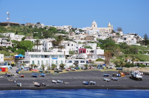 View of a village and its beach on the island of Stromboli, Aeolian Islands, near Sicily, Italy