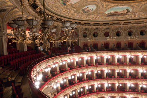 Interior view of the seats and settings of the Vincenzo Bellini Theater in Catania, Sicily, Italy