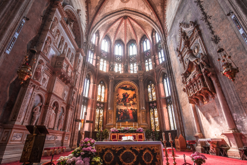 Interiors and details of the basilica Santa Maria gloriosa dei Frari in Venice, Veneto, italy