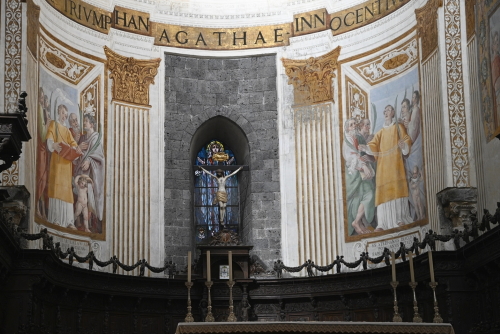 Close up interior view of the apse religious paintings in the interior of the Baroque style Cattedrale di Sant'Agata in Catania, Sicily, Italy