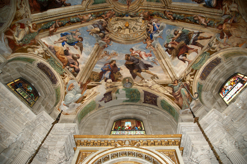 Interior view of the painting above the main nave in the Cathedral of Holy Marry at Piazza Duomo square on the island of Ortygia in Syracuse, Sicily, Italy