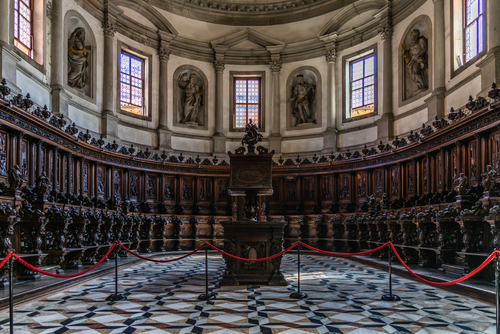 Interior view of the carved wooden choir stalls at the San Giorgio Maggiore church, San Giorgio Maggiore island, Grand Canal, Venice, Veneto, Italy