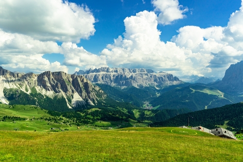 View of the Sella Group from the Seceda, Seceda is a mountain at the foot of the Odle group, located in Val Gardena, above the town of Ortisei, Italy