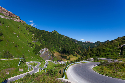 The Passo Fedaia is a mountain pass traversed by a paved road in the Dolomiti Range in Northern Italy