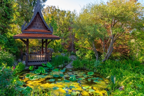 View of a Thai hall in the Giardini la Mortella gardens at Ischia Island near Naples, Campania, Italy