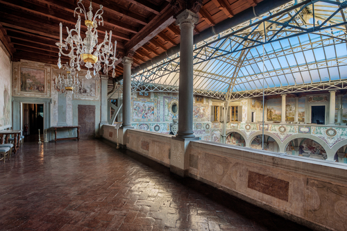 The frescoed courtyard and loggia of Villa La Petraia, in former times residence of the Medici family, located in Castello, near Florence, Tuscany, Italy