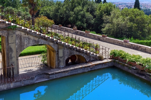 An openwork metal staircase in the Medici Villa della Petraia, one of the Medici villas in Castello, Florence, Tuscany, Italy