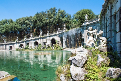 View of the gardens and fountains of the Royal Palace of Caserta, a royal residence, historically belonging to the Bourbons of the Two Sicilies located in Caserta near Naples, Campania, Italy