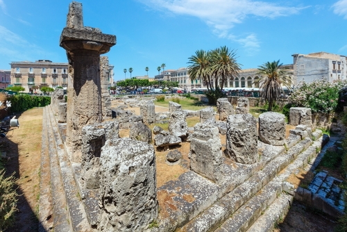 Ruins of the temple of Apollo, an important Greek ancient monument, on the island of Ortygia, Syracuse, Sicily, Italy
