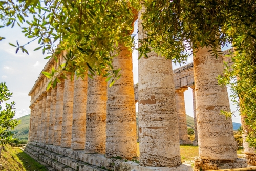 View of the columns of the Ancient Temple of Segesta, landscape at Segesta, Province of Trapani, Sicily, Italy