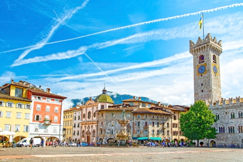 Piazza Duomo main square, with frescoed Renaissance buildings and the Late Baroque Fountain of Neptune in Trento, Trentino-Alto-Adige region, Italy