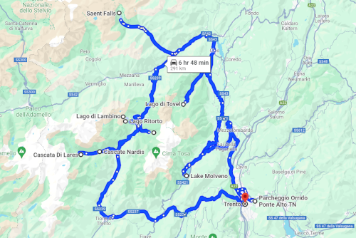Trip map of Parco Naturale Adamello Brenta East of Trento in Italy