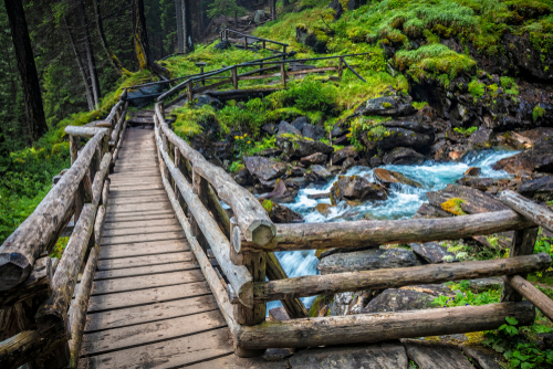 Wood bridge at Saent waterfall Trentino Alto Adige, Italy