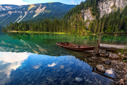 Abandoned boat at Tovel lake in Trentino Alto Adige, Italy
