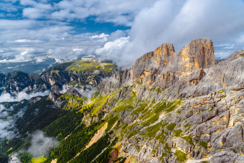 Cliffs of the majestic Torri del Vajolet, Vajolet Towers in the Dolomites, Trentino Alto Adige, northern Italy