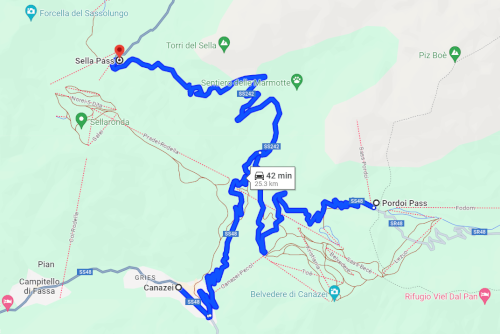 Trip map of From Canazei to the Pordoi and Sella Passes in Italy