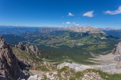 Panoramic view of famous Dolomites mountain peaks, Catinaccio and Sciliar massifs, South Tyrol, Italy