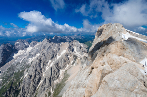 Marmolada massif, spectacular view over the Punta Rocca and other peaks in Dolomites mountains, Trentino Alto Adige, Italy